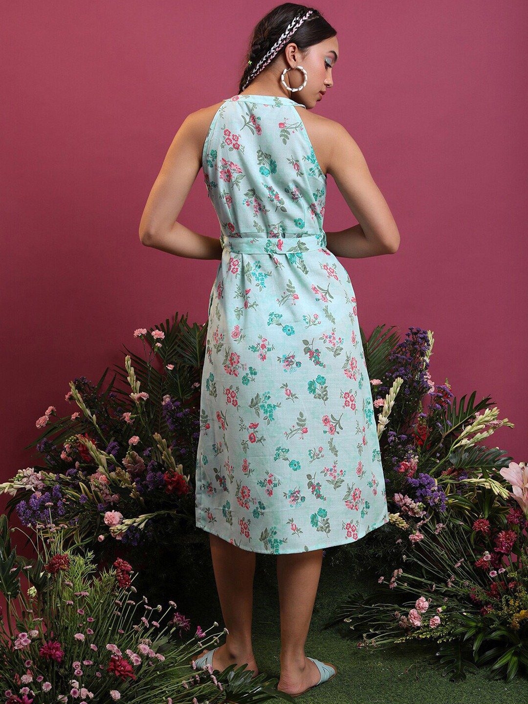 Festive Collection Sea Green Floral Cotton Dress - Image 5