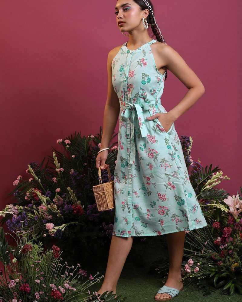 Festive Collection Sea Green Floral Cotton Dress