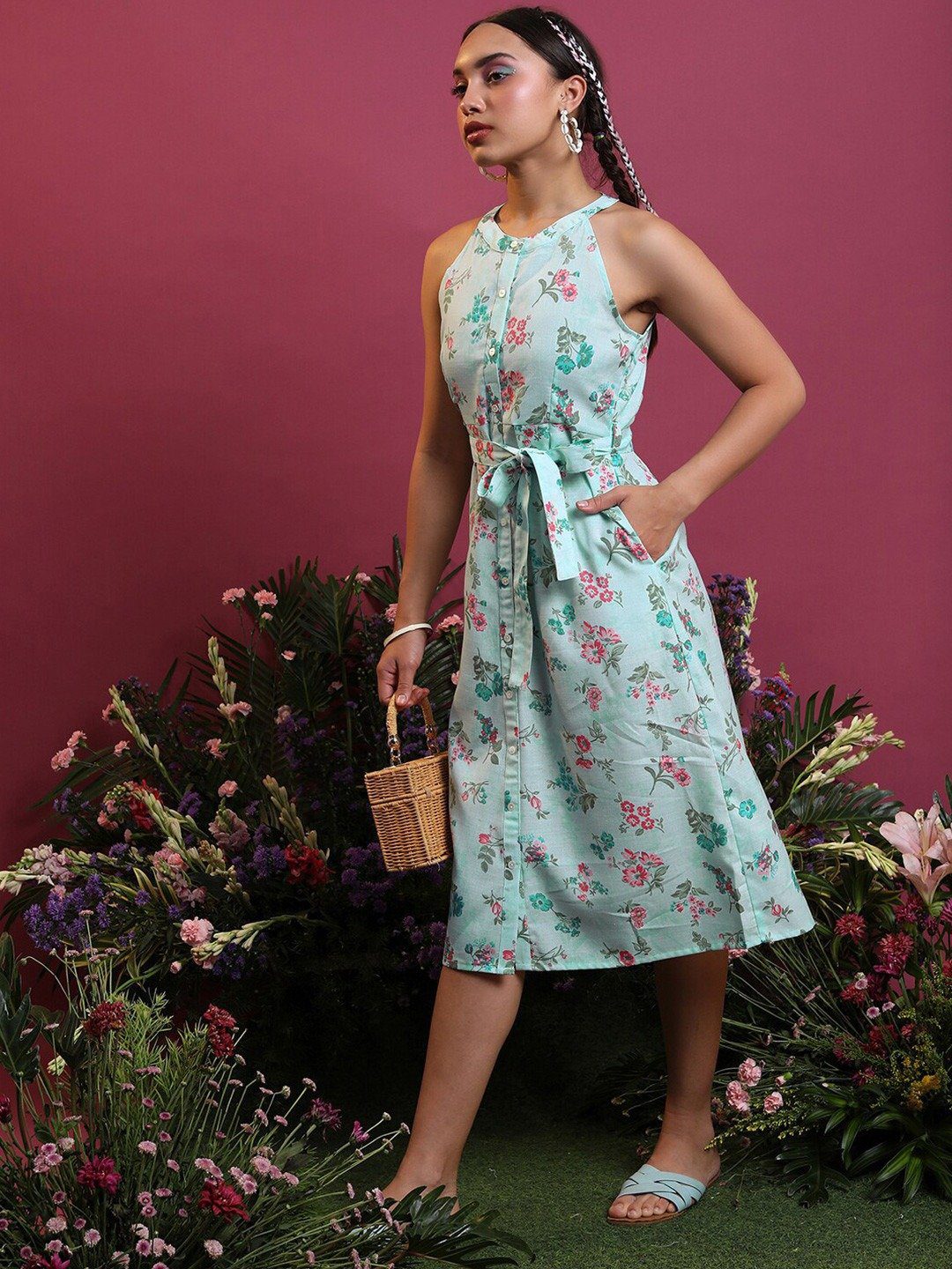 Festive Collection Sea Green Floral Cotton Dress