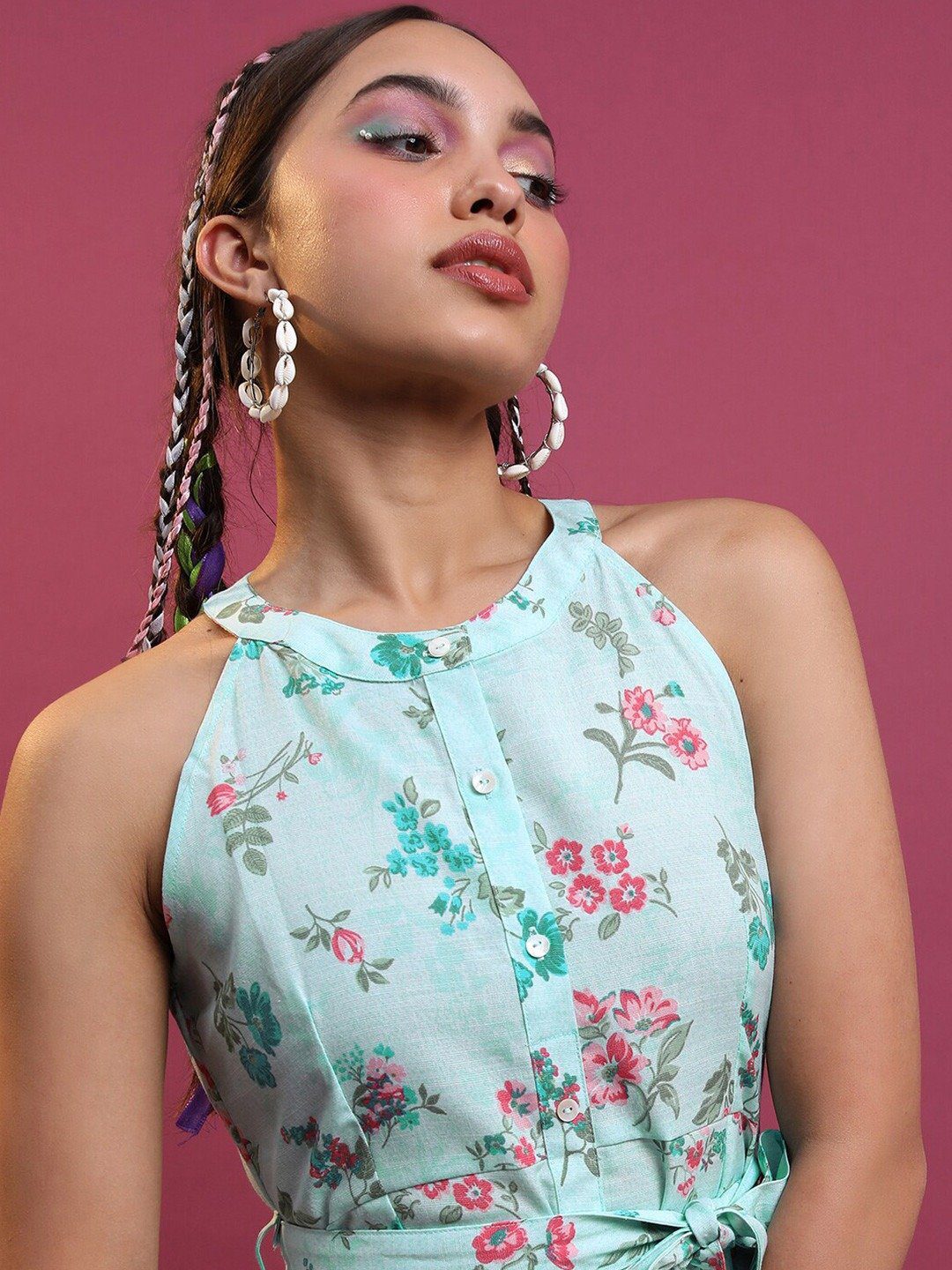 Festive Collection Sea Green Floral Cotton Dress - Image 3