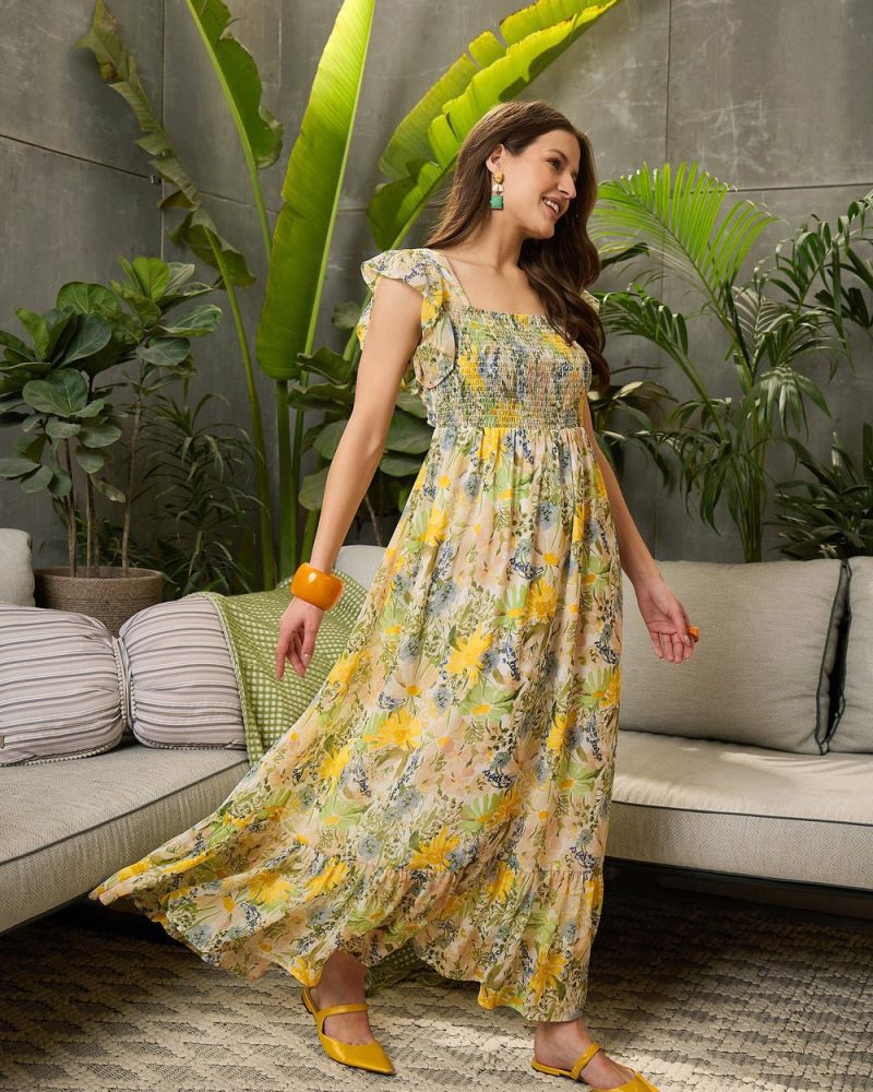 Festive Collection Premium Yellow Floral Georgette Maxi Dress