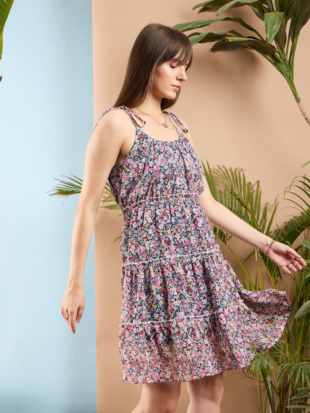 FESTIVE COLLECTION Navy Ditsy Floral Strappy Georgette Dress - Image 5