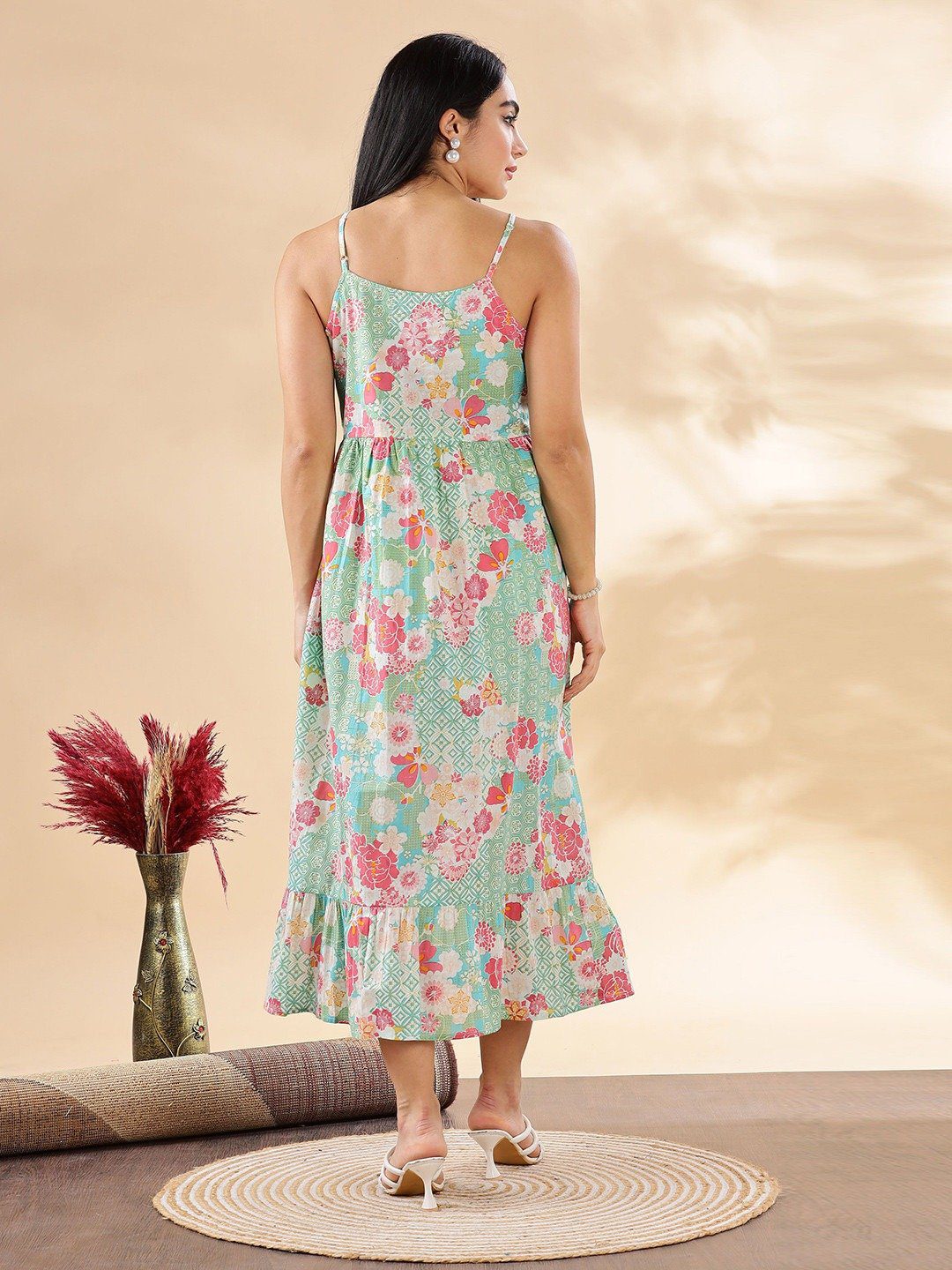 FESTIVE COLLECTION Green and Pink Summer Floral Cotton Dress - Image 6