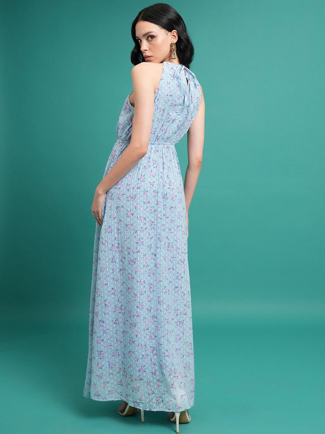 FESTIVE Soft Blue and Pink Floral Maxi Georgette Dress - Image 5