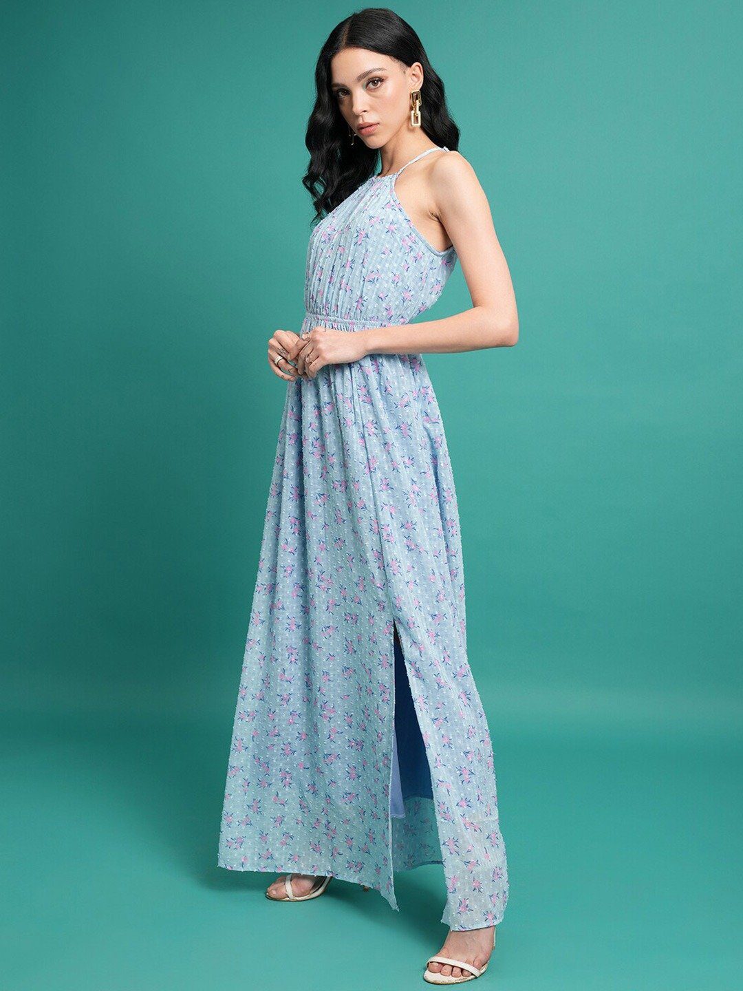 FESTIVE Soft Blue and Pink Floral Maxi Georgette Dress - Image 4