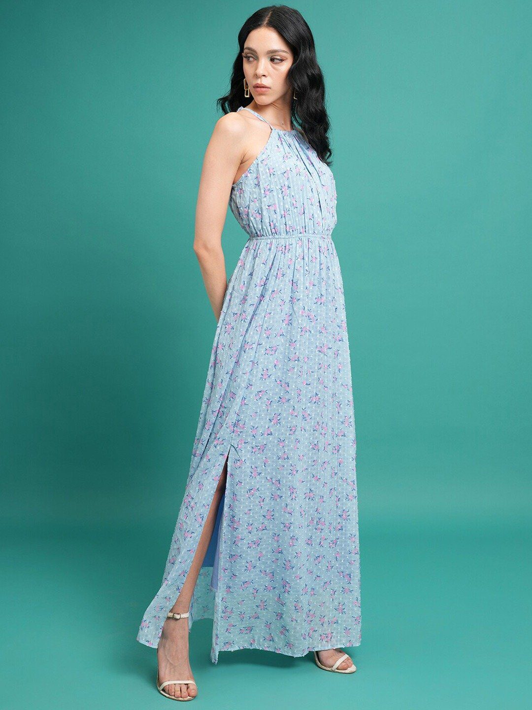 FESTIVE Soft Blue and Pink Floral Maxi Georgette Dress - Image 3