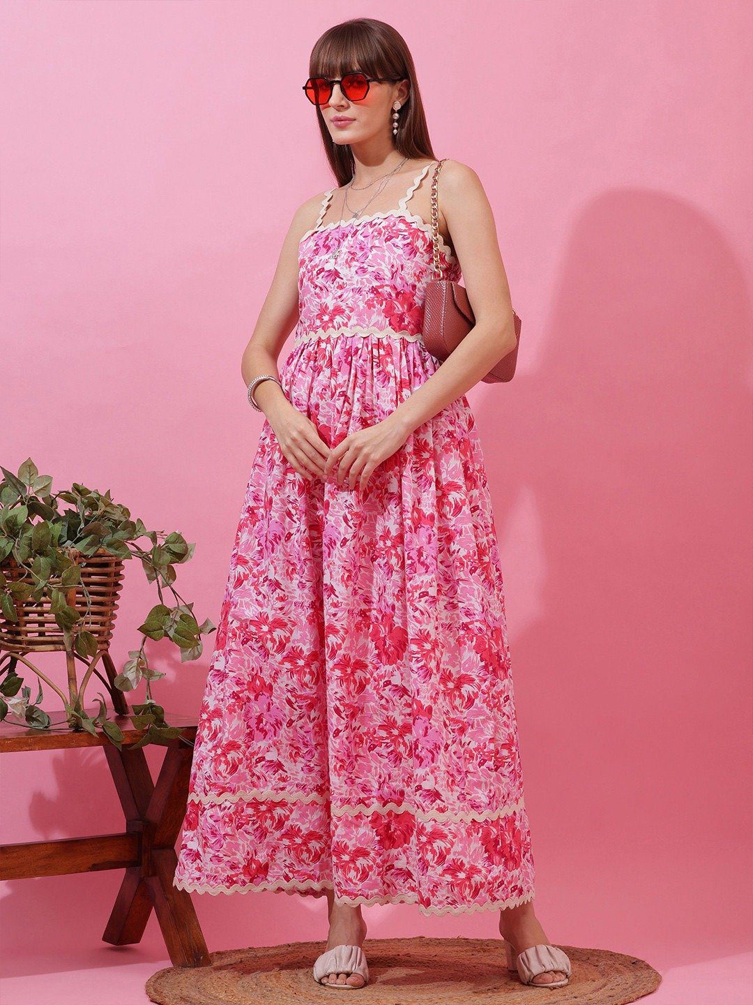 Preppy Pink Cotton Floral Maxi Dress - Image 4