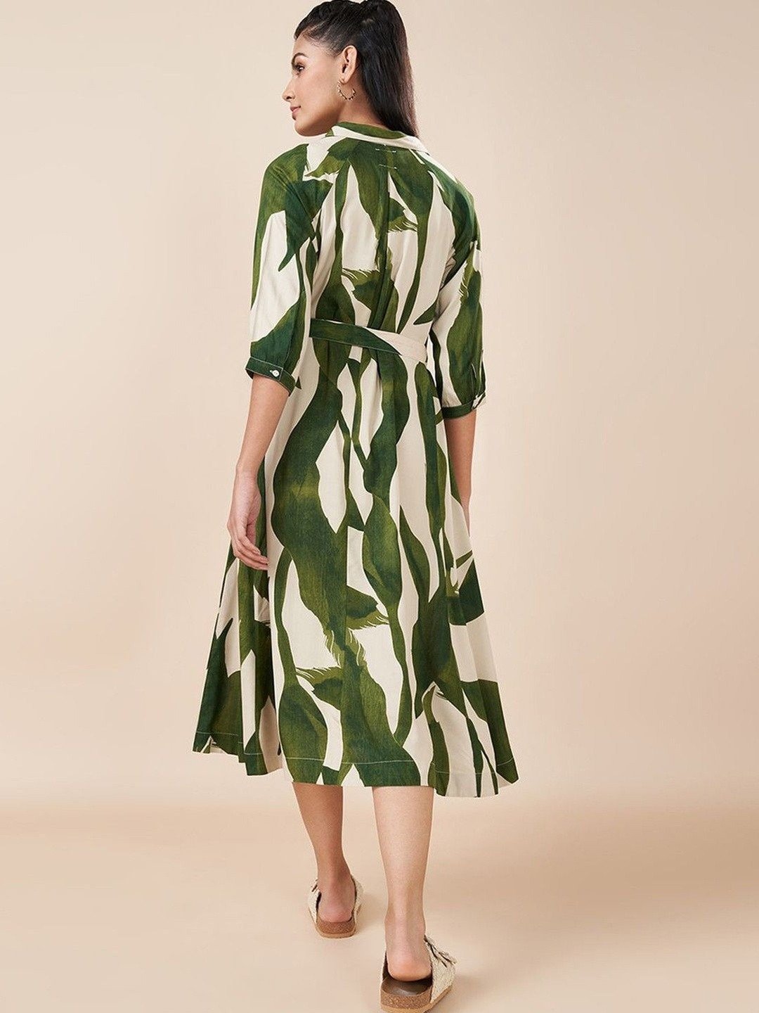 Stylish Leafy Printed Shirt Buttoned Midi Dress - Image 5