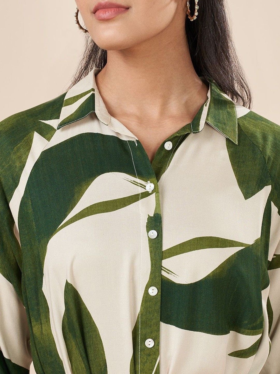 Stylish Leafy Printed Shirt Buttoned Midi Dress - Image 3