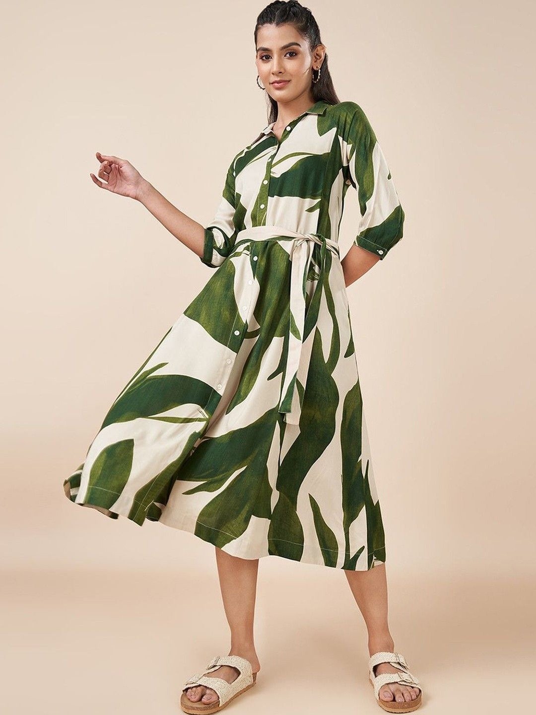Stylish Leafy Printed Shirt Buttoned Midi Dress