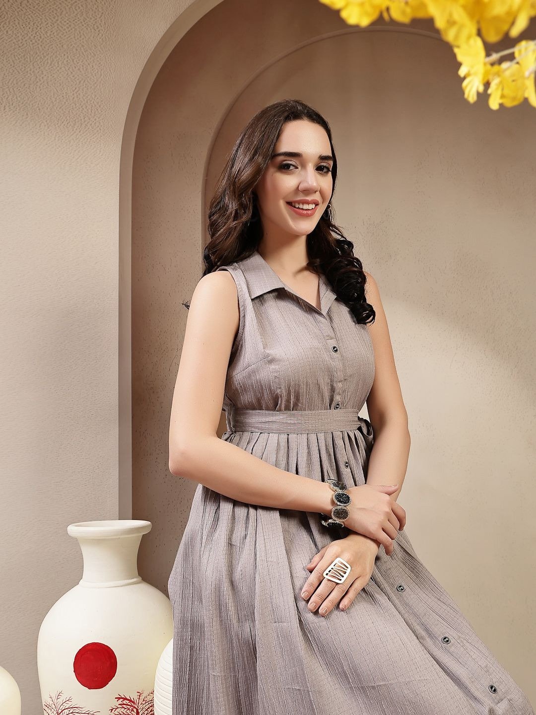 Premium Grey Textured Nida Midi Dress - Image 2