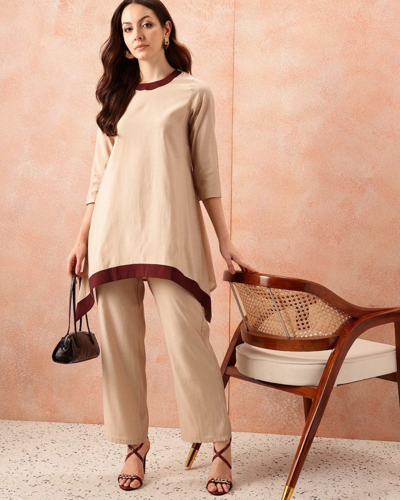 Modest Corporate Beige and Maroon Contrast Co Ords