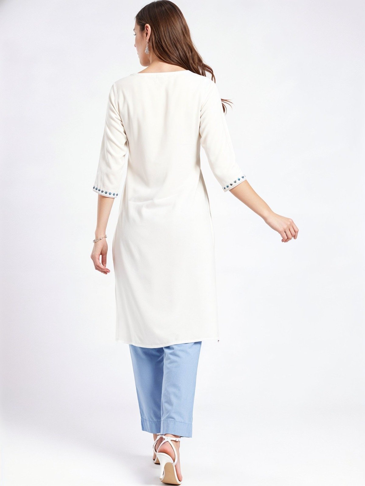 Fusion White Off White Embroidered Tunic Kurta - Image 6