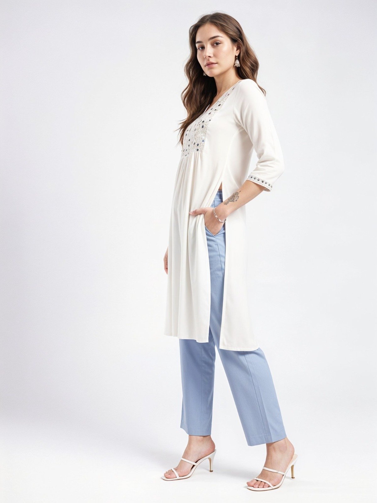 Fusion White Off White Embroidered Tunic Kurta - Image 3