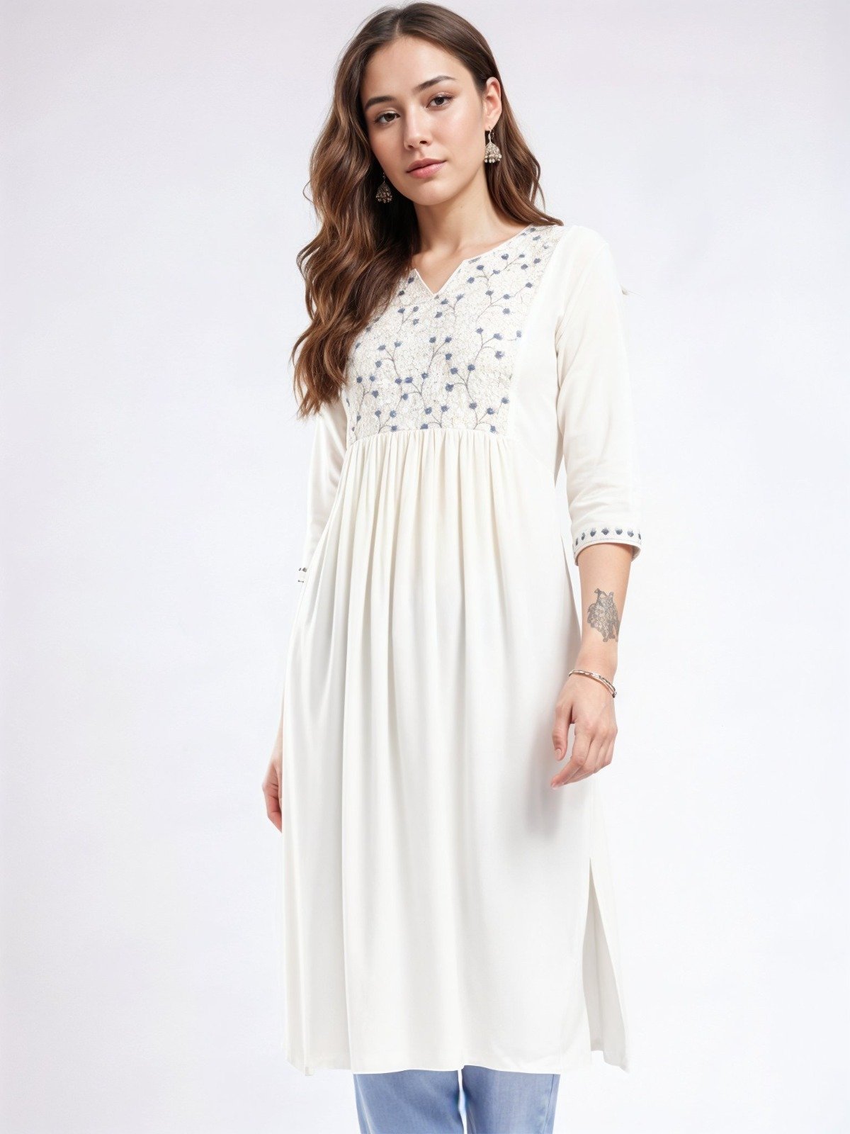 Fusion White Off White Embroidered Tunic Kurta