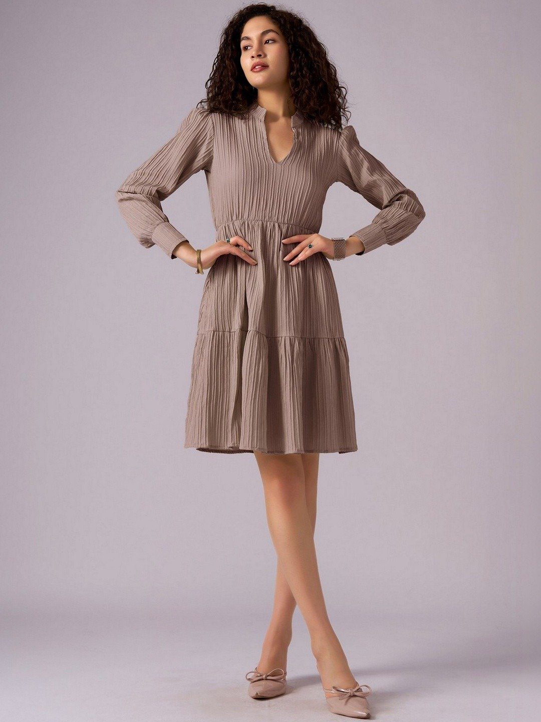 Chic Light Brown Textured Fit and Flared Dress - Image 4