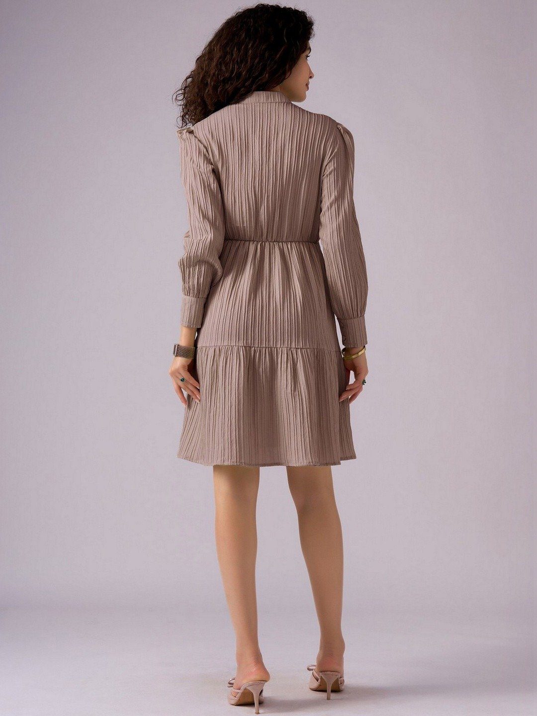 Chic Light Brown Textured Fit and Flared Dress - Image 7