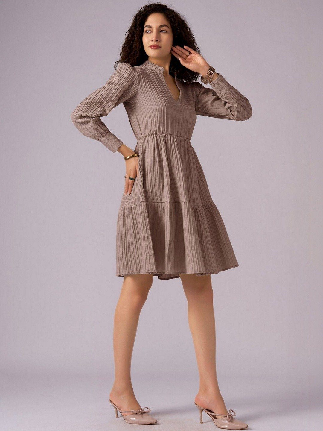 Chic Light Brown Textured Fit and Flared Dress - Image 2