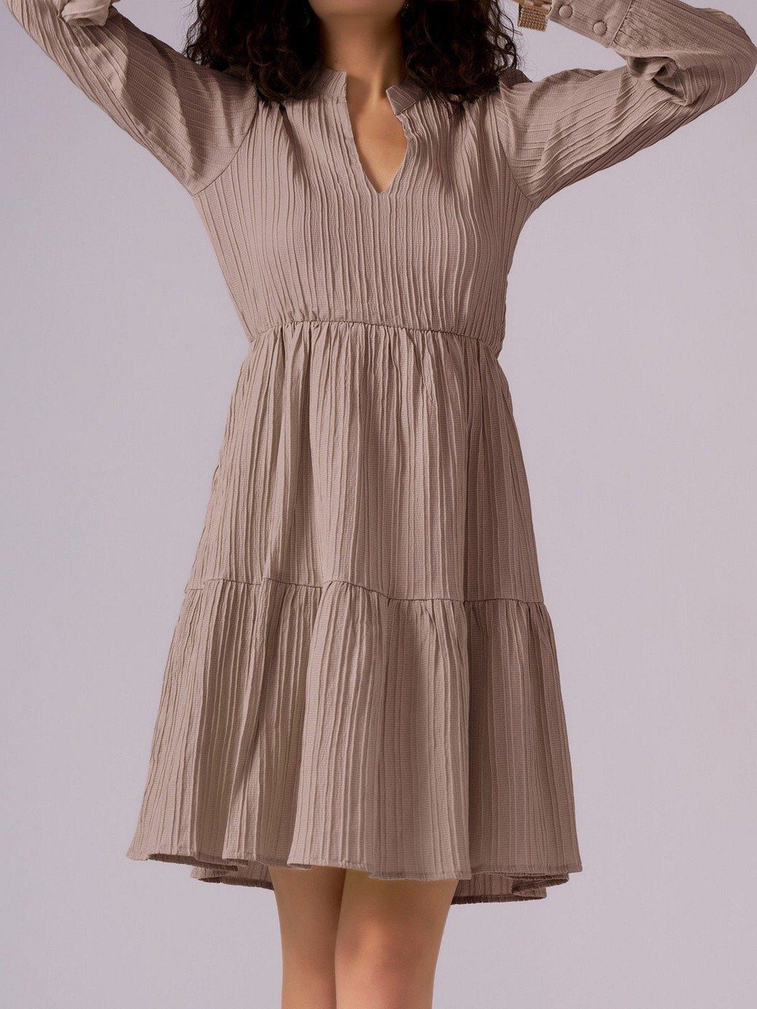 Chic Light Brown Textured Fit and Flared Dress - Image 5