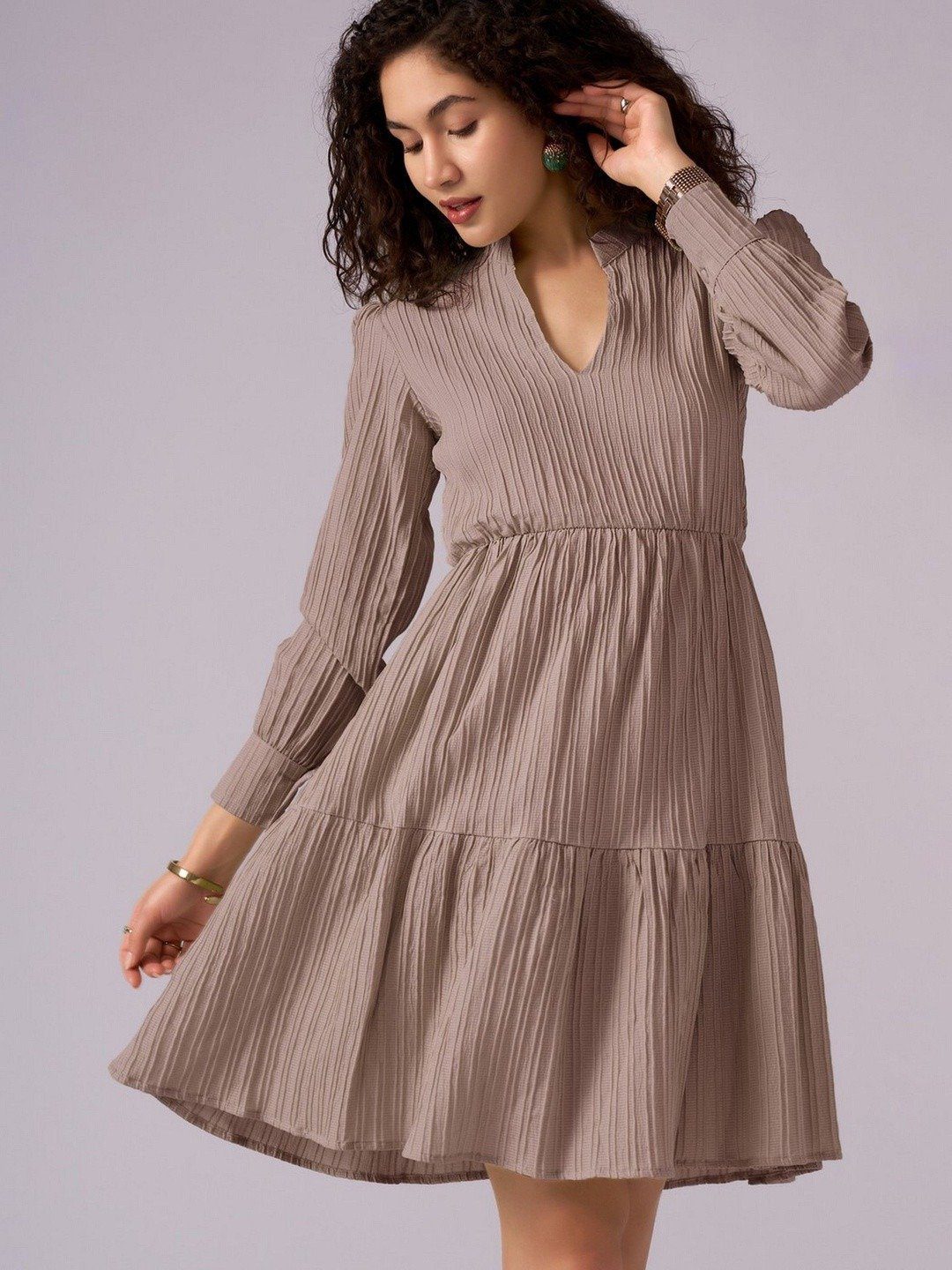 Chic Light Brown Textured Fit and Flared Dress - Image 3