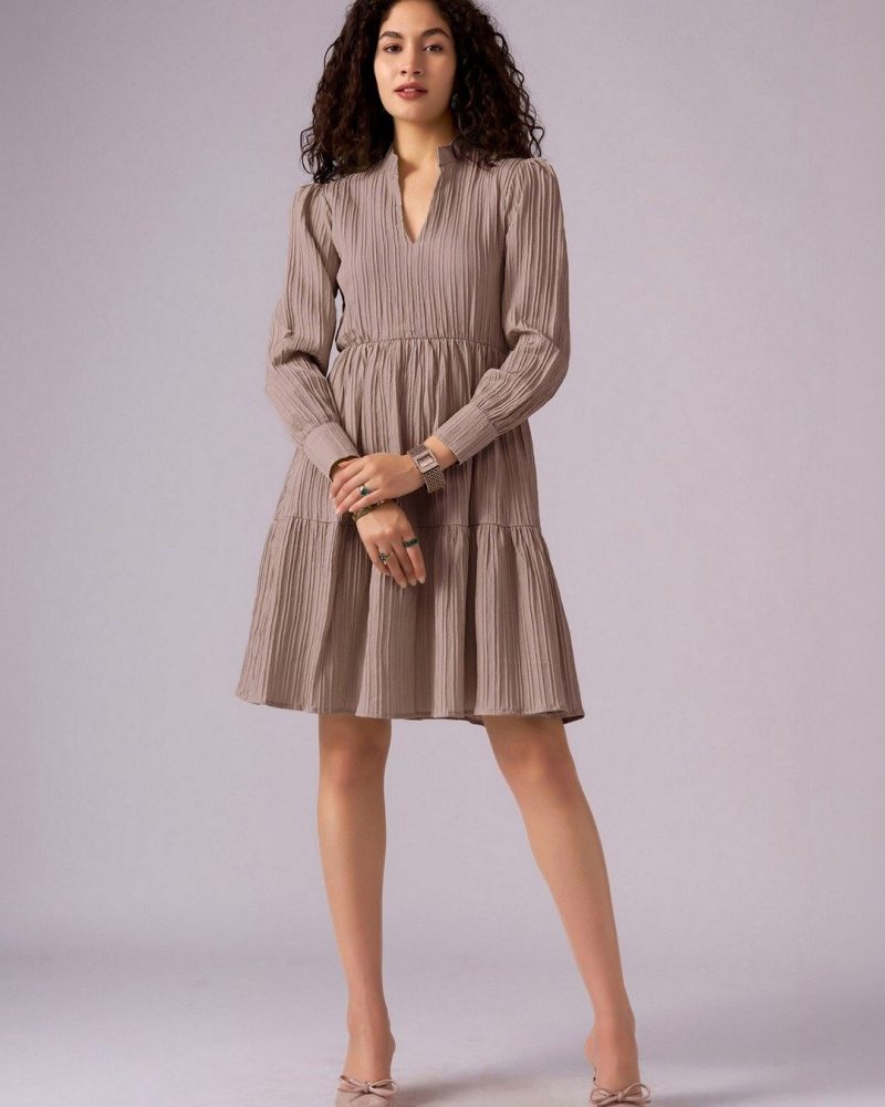 Chic Light Brown Textured Fit and Flared Dress