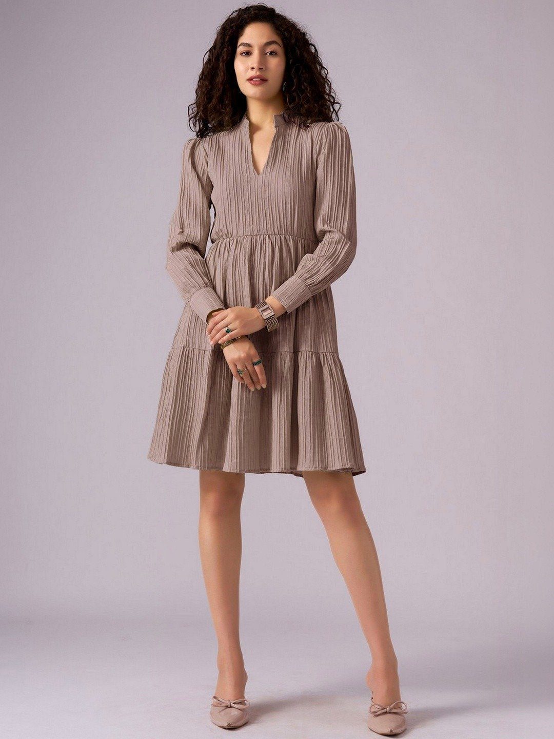 Chic Light Brown Textured Fit and Flared Dress