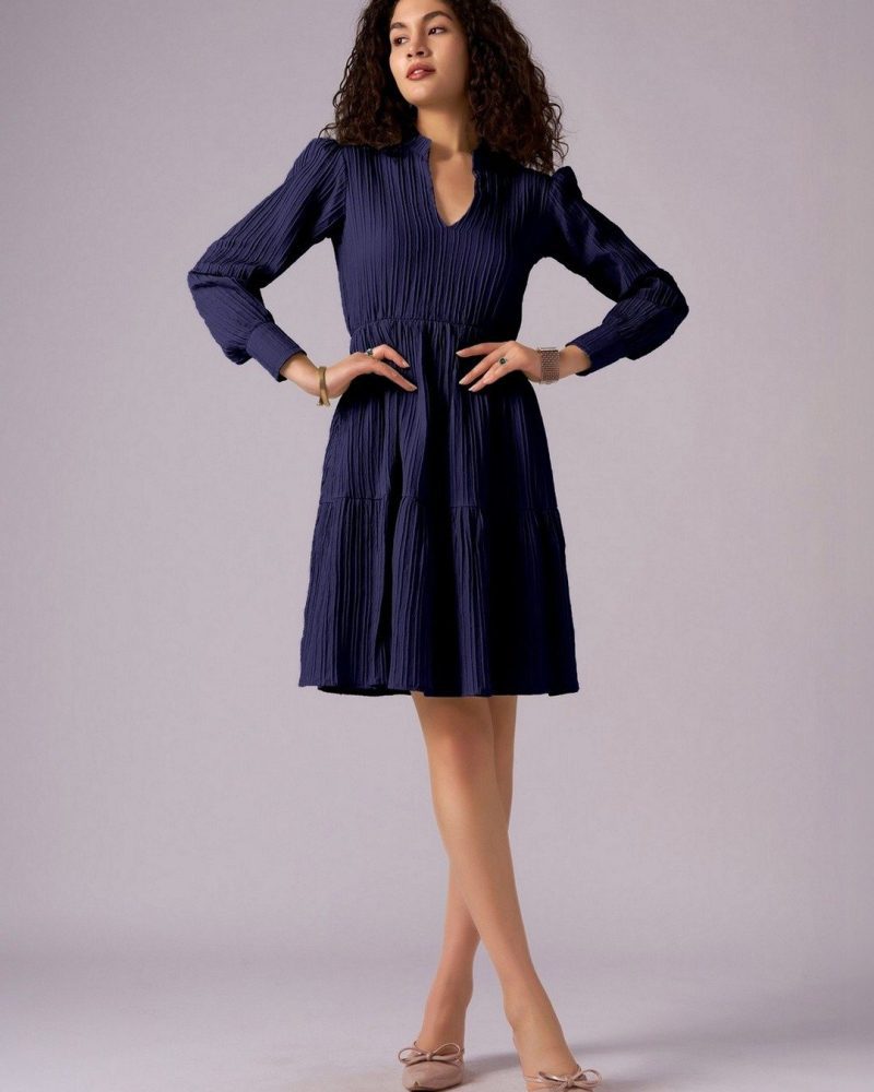 Chic Navy Blue Textuted Fit and Flared Dress