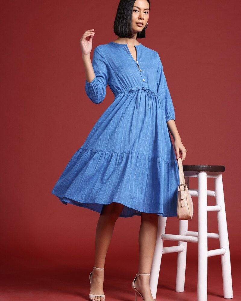 Gorgeous Blue Cotton Drawstring Tiered Dress