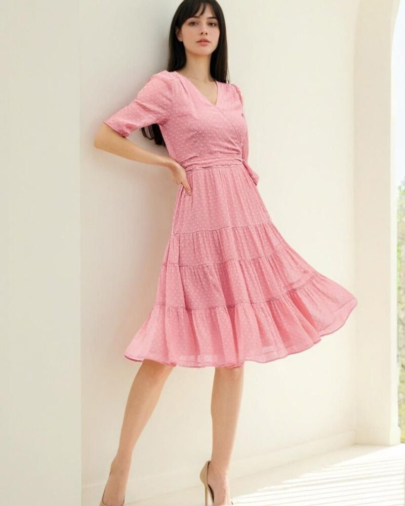 Elegant Pink Dobby Fit and Flare Dress