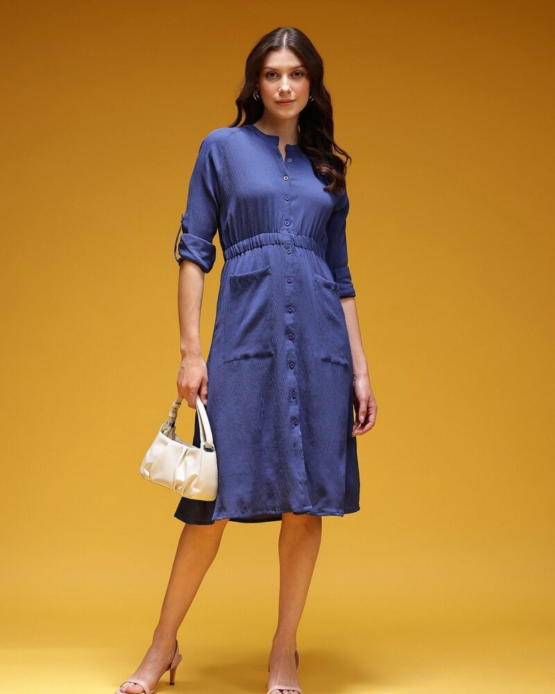 Navy Crinkled Style Shirt Dress