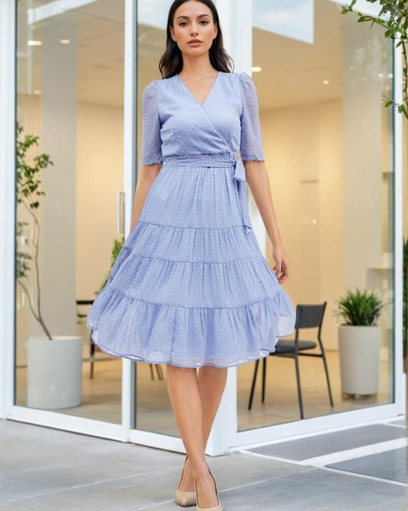 Elegant Powder Blue Dobby Fit and Flare Dress