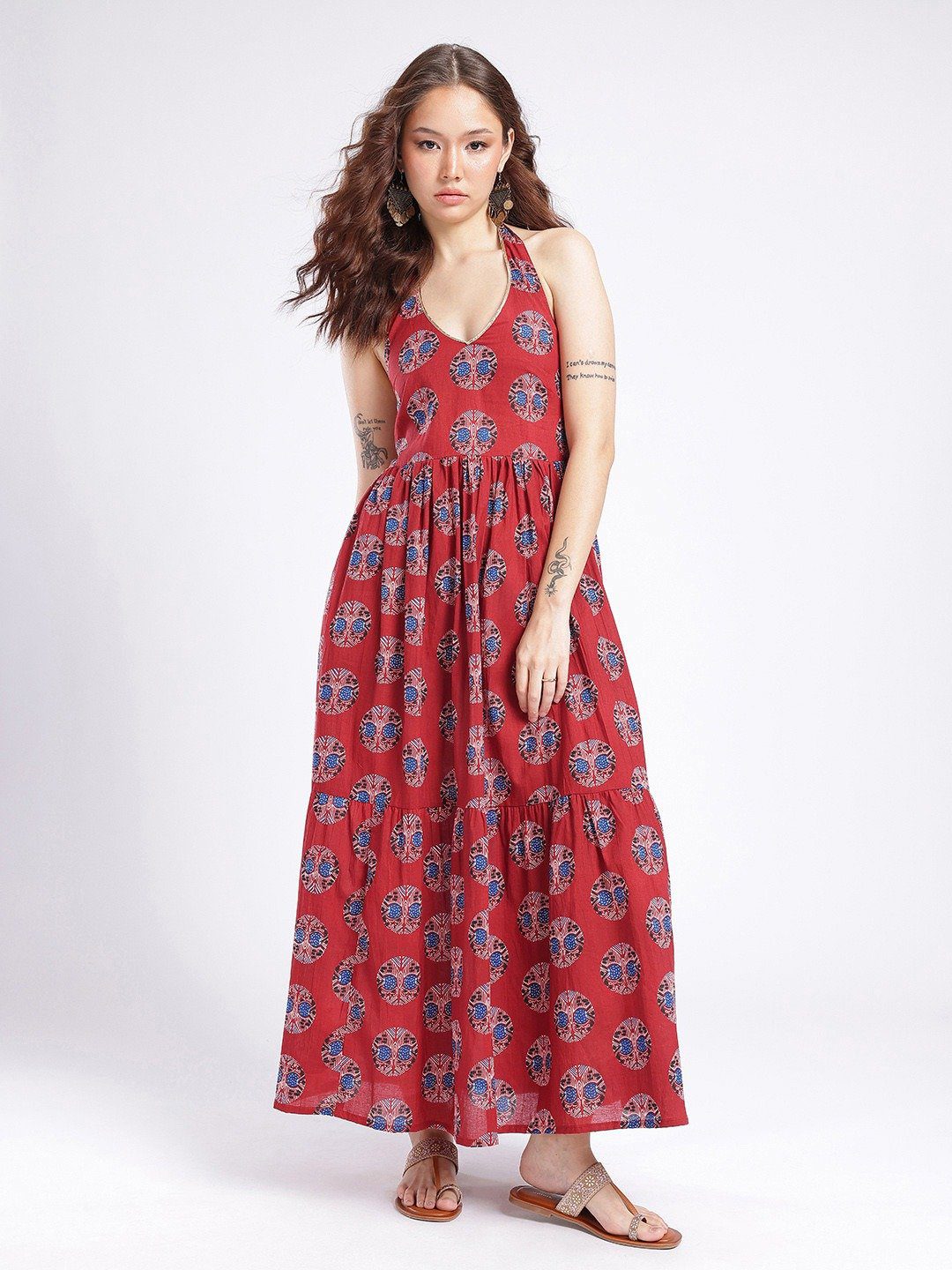 Red Ethnic Motif Maxi Cotton Dress