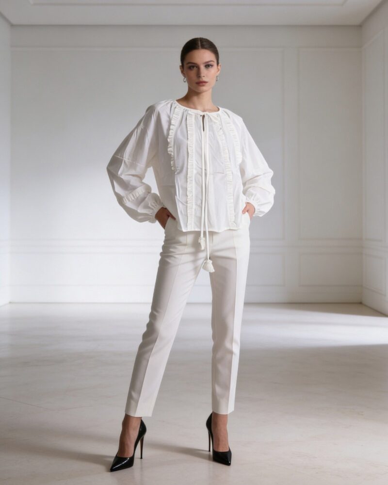 White Cotton Bohemian Volume Long Sleeves Top